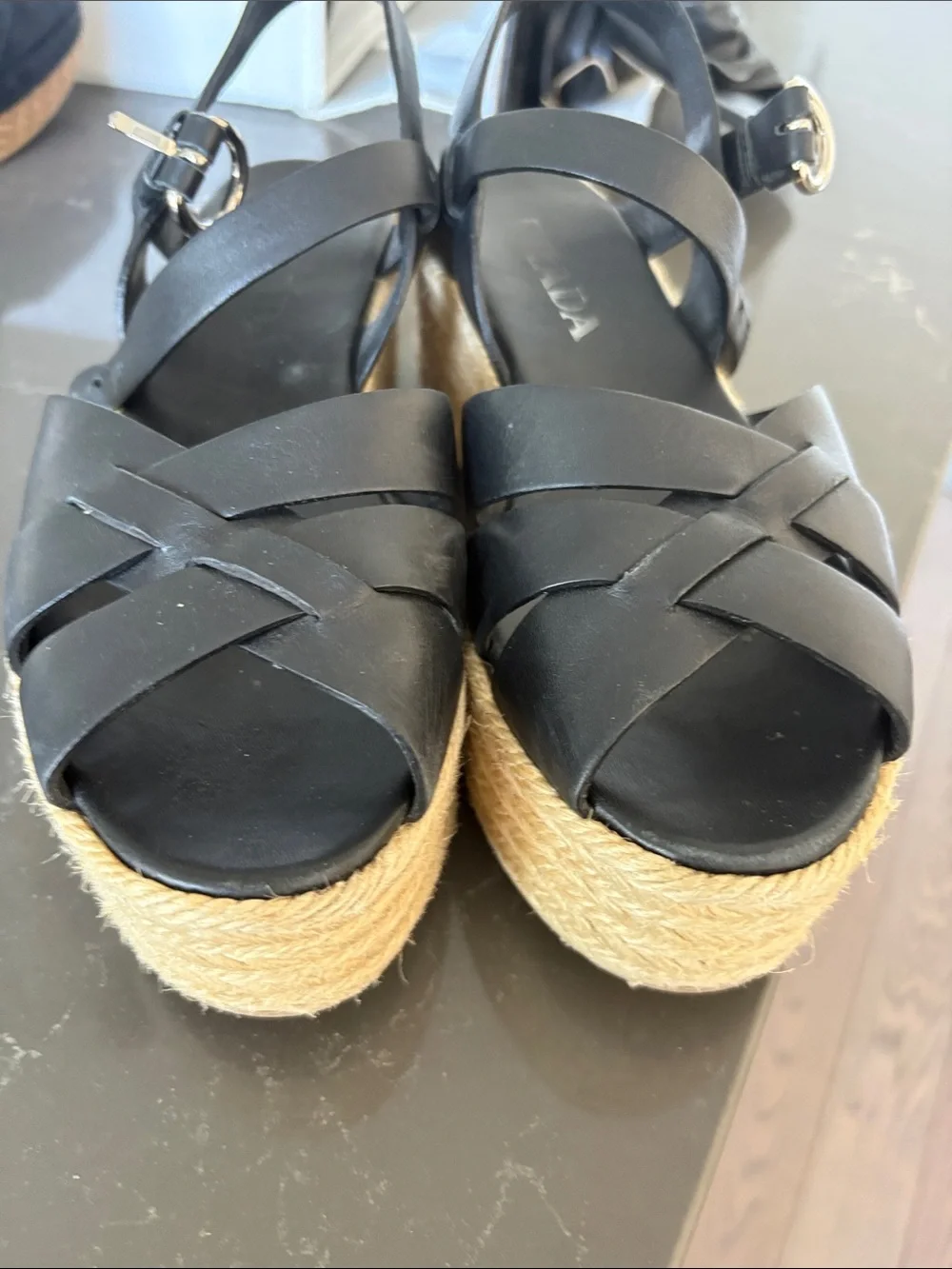 Prada Black Leather Braided Espadrille Sandals with Silver Buckle - Picture 2 of 3